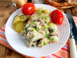 название картинки Куриное филе с грибами на сковороде в сливках