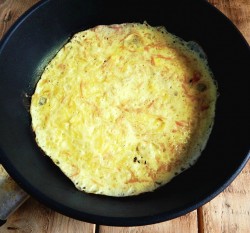 название картинки Омлет с колбасой и сыром на сковороде