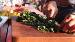 Щи весенние, постные из крапивы и щавеля в казане на костре