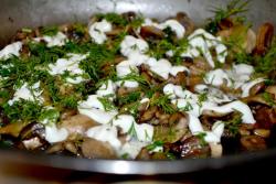 Жареные шампиньоны с зеленью на сковороде